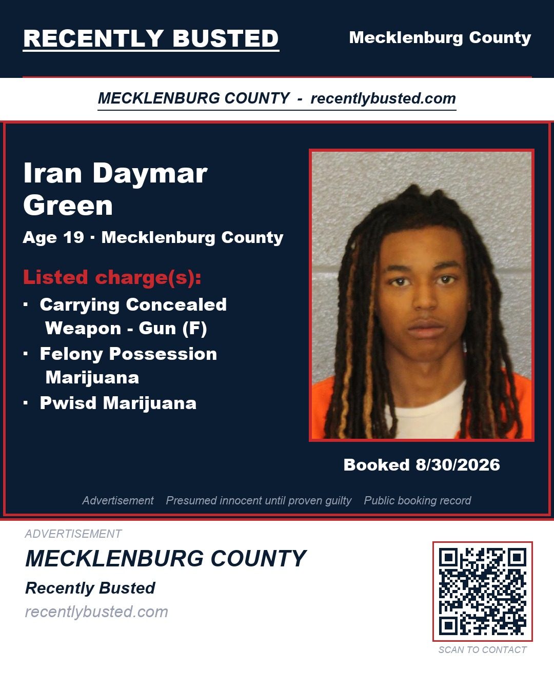 IRAN DAYMAR GREEN — arrest record card, Mecklenburg County, North Carolina