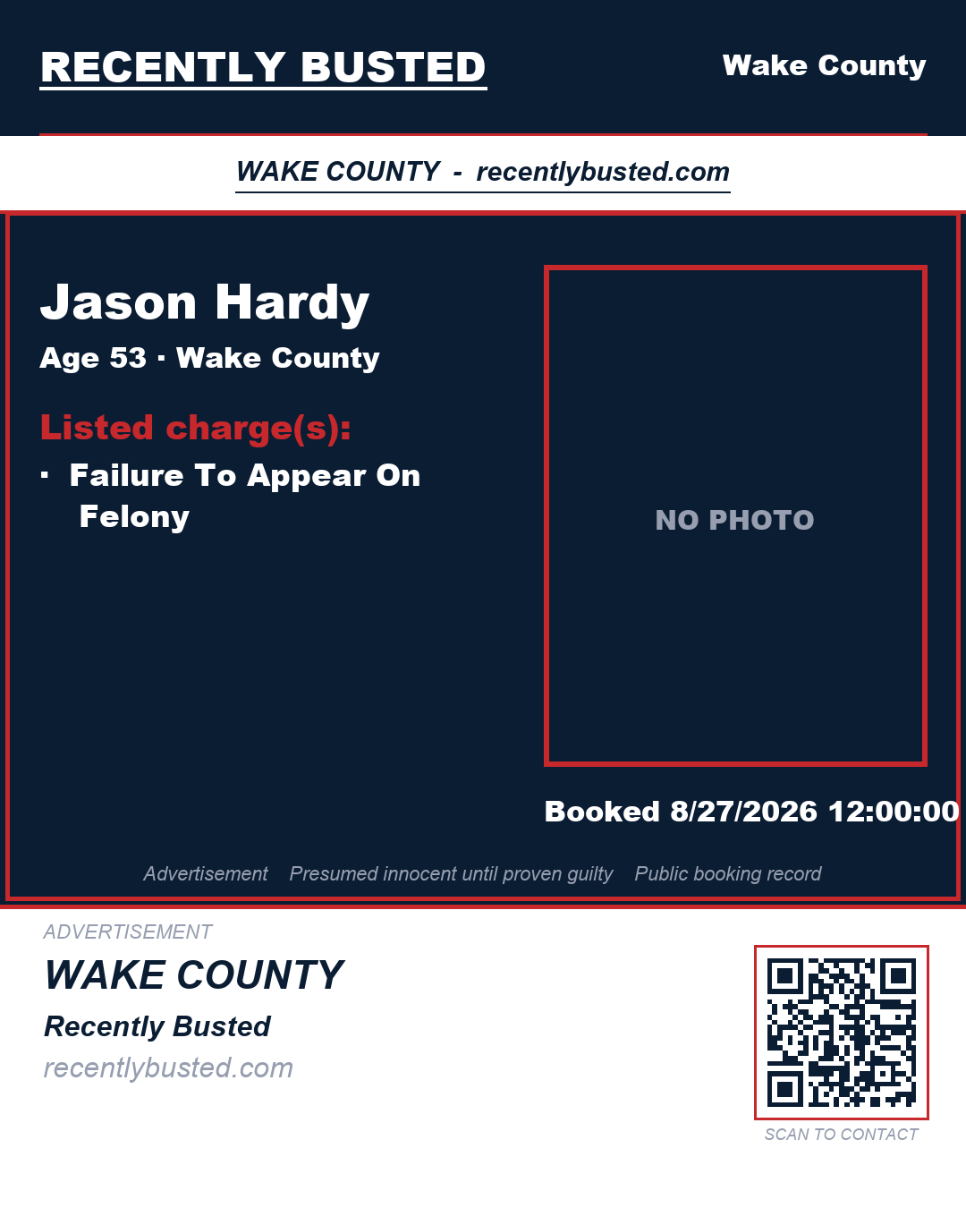 JASON HARDY — arrest record card, Wake County, North Carolina