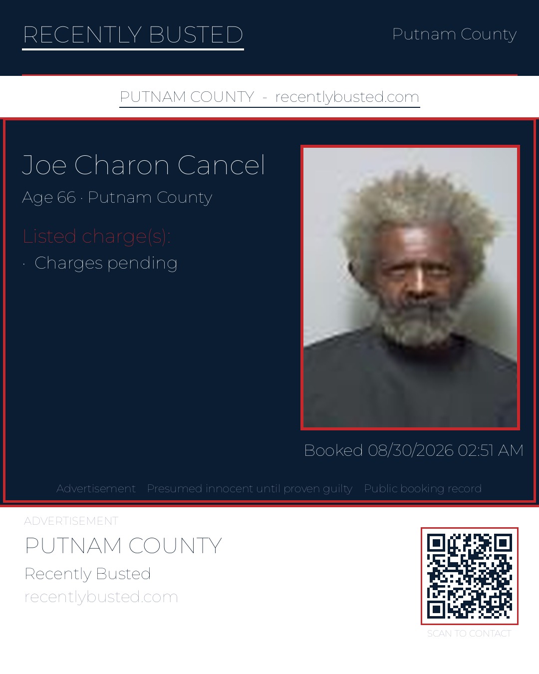Joe Charon Cancel — arrest record card, Putnam County, Florida