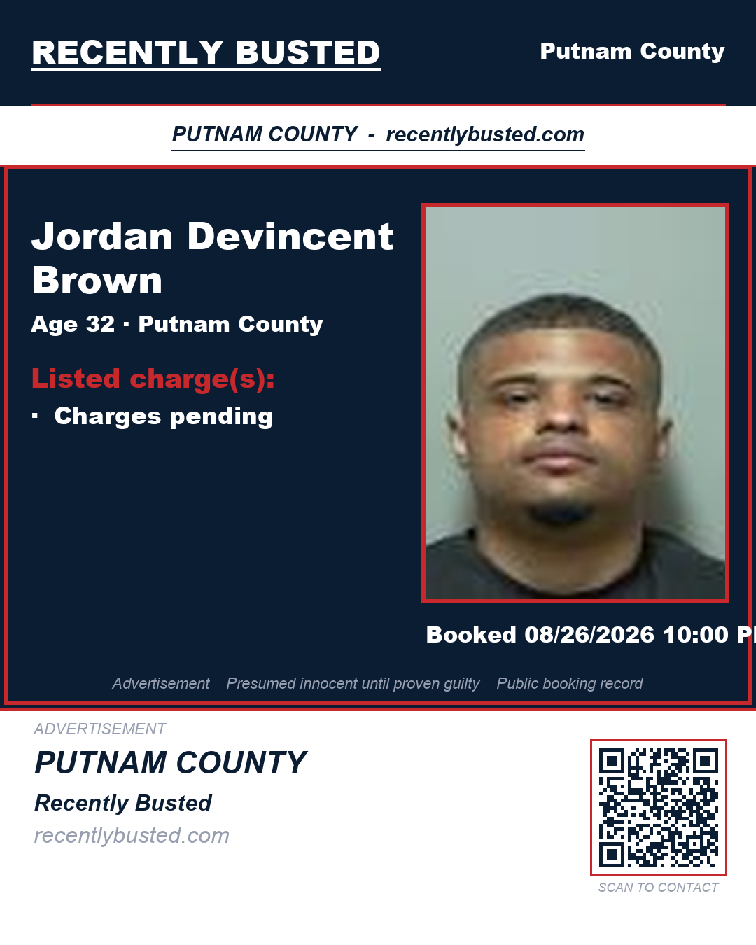 Jordan Devincent Brown — arrest record card, Putnam County, Florida