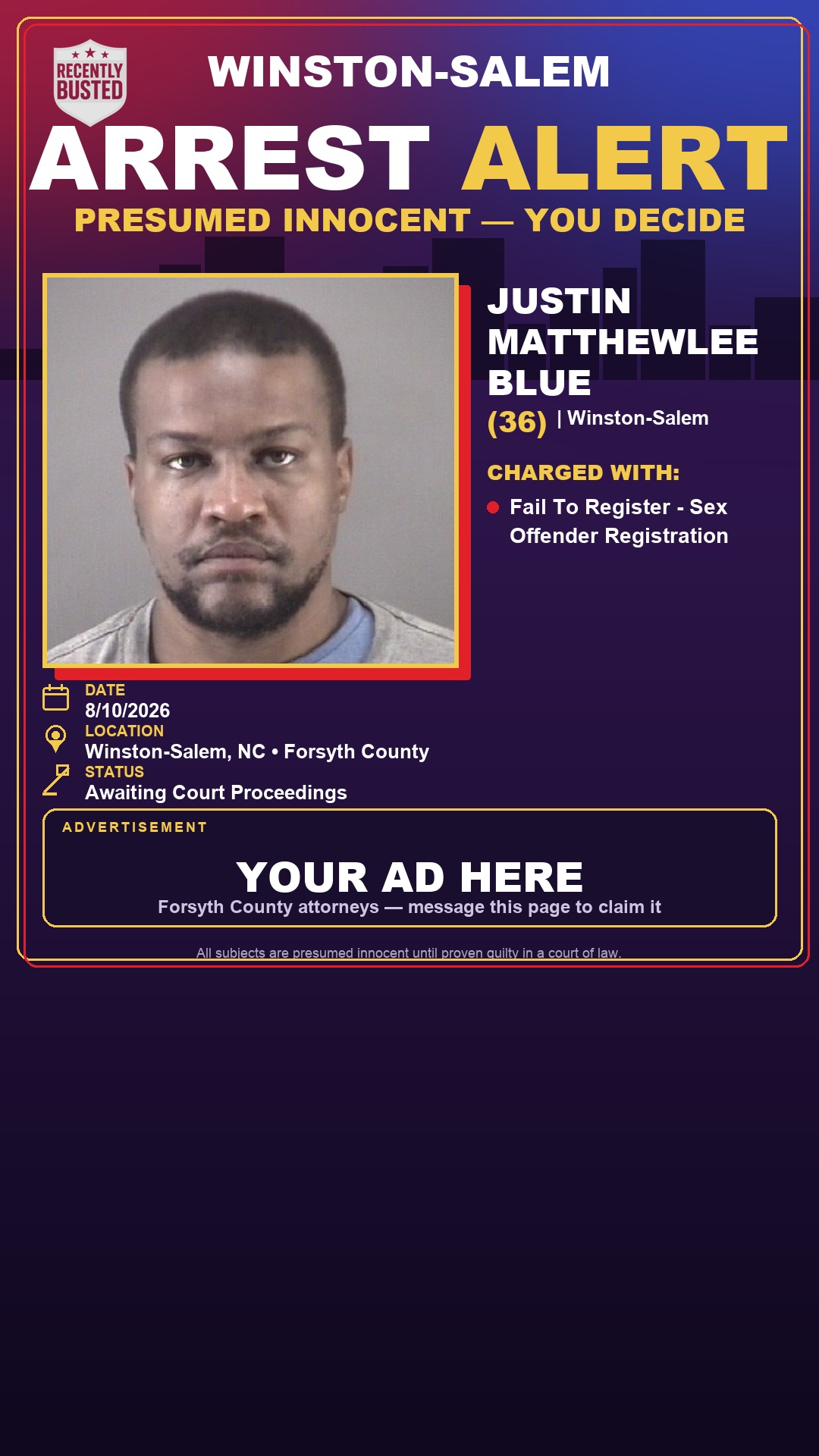 Arrest report - JUSTIN MATTHEWLEE BLUE