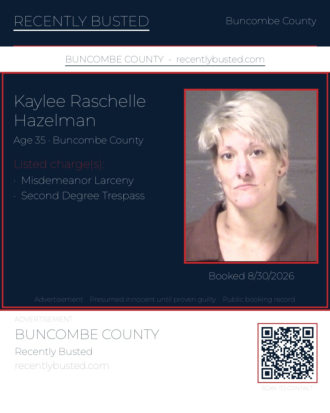 KAYLEE RASCHELLE HAZELMAN — arrest record card, Buncombe County, North Carolina