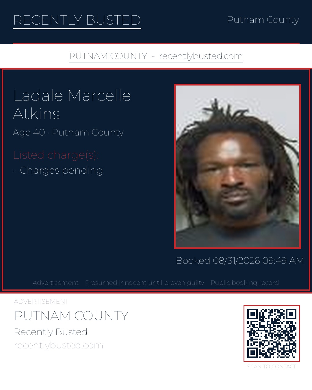 Ladale Marcelle Atkins — arrest record card, Putnam County, Florida