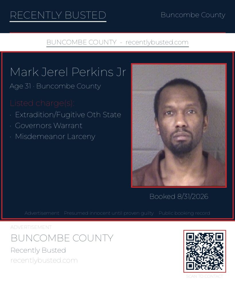 MARK JEREL PERKINS JR — arrest record card, Buncombe County, North Carolina
