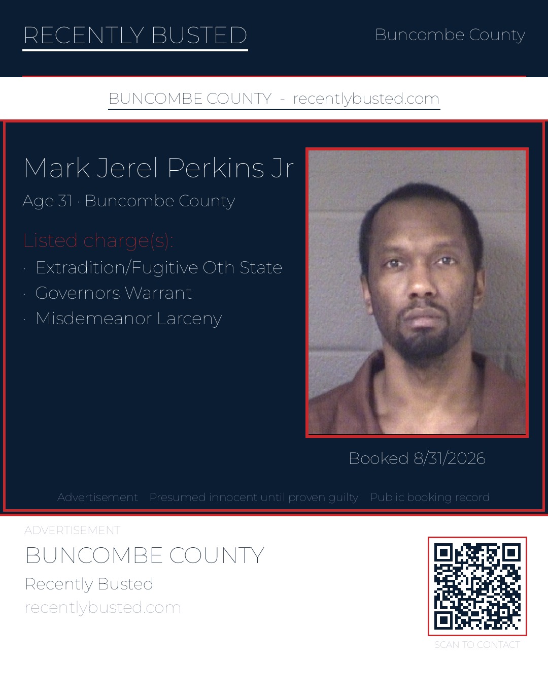 MARK JEREL PERKINS JR — arrest record card, Buncombe County, North Carolina