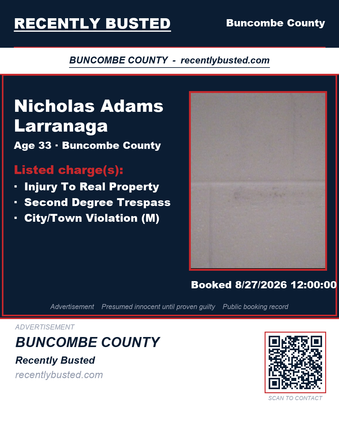 NICHOLAS ADAMS LARRANAGA — arrest record card, Buncombe County, North Carolina