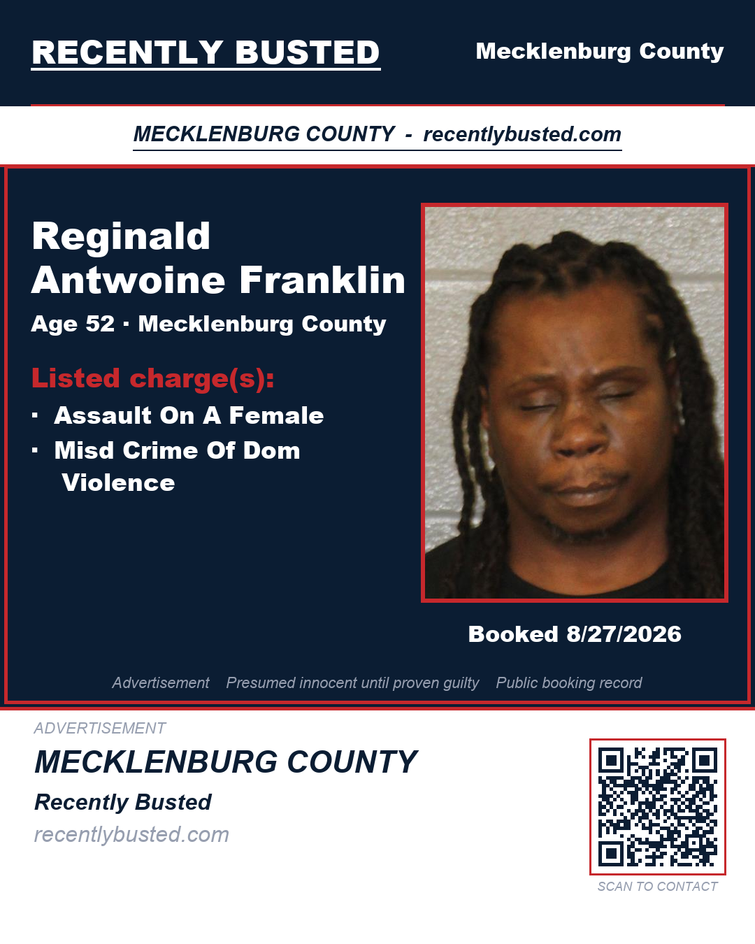 REGINALD ANTWOINE FRANKLIN — arrest record card, Mecklenburg County, North Carolina