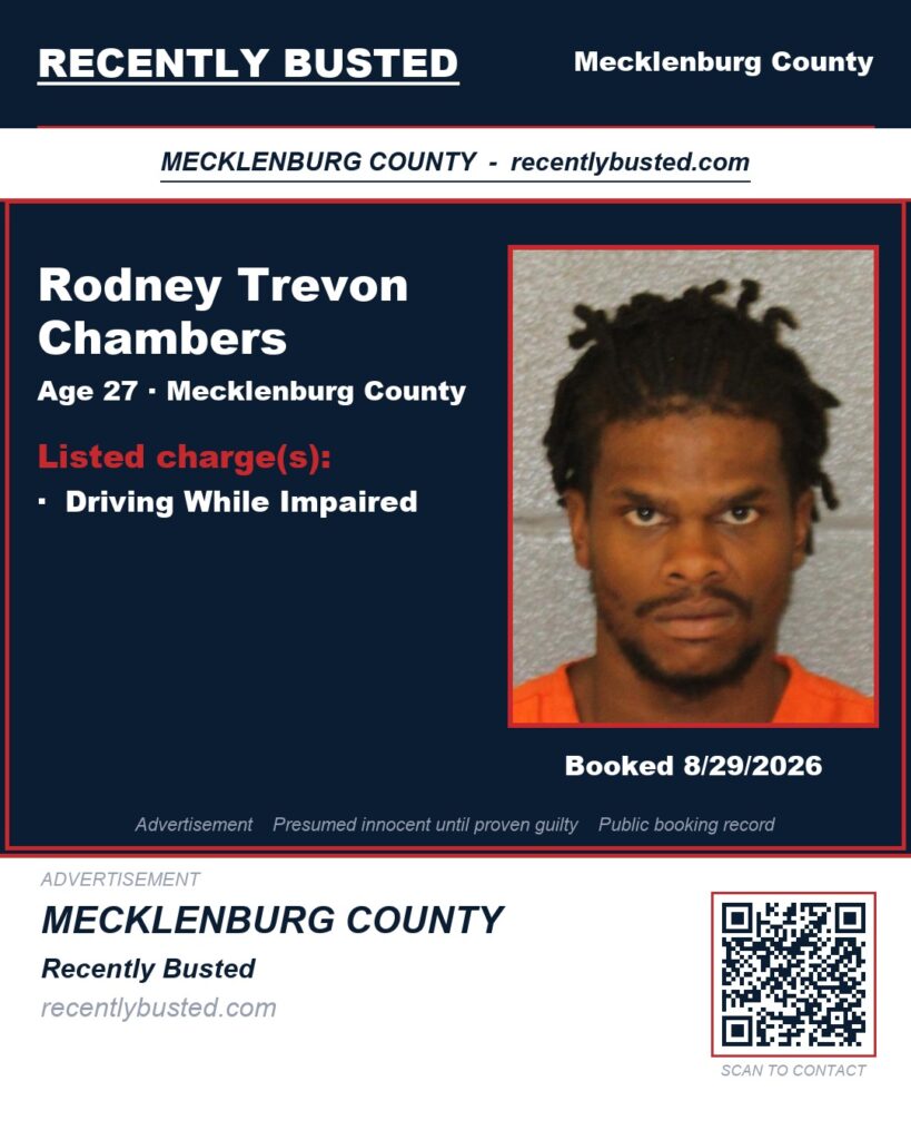 RODNEY TREVON CHAMBERS — arrest record card, Mecklenburg County, North Carolina