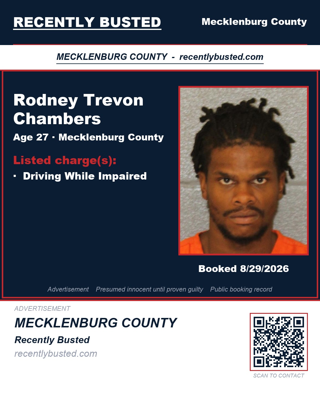 RODNEY TREVON CHAMBERS — arrest record card, Mecklenburg County, North Carolina