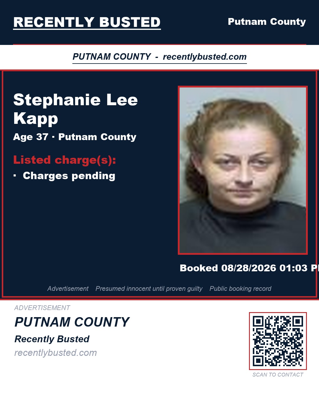 Stephanie Lee Kapp — arrest record card, Putnam County, Florida