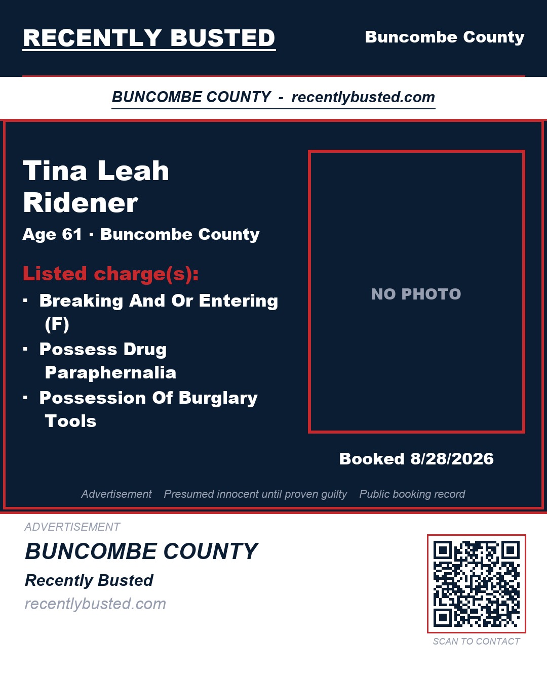 TINA LEAH RIDENER — arrest record card, Buncombe County, North Carolina