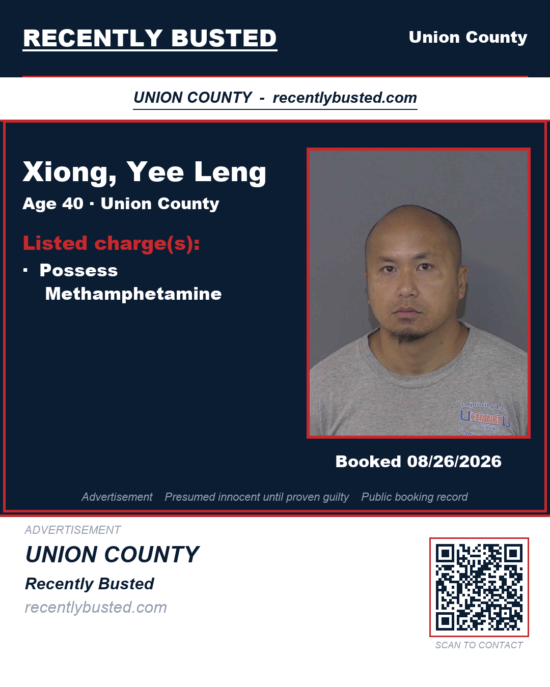XIONG, YEE LENG — arrest record card, Union County, North Carolina