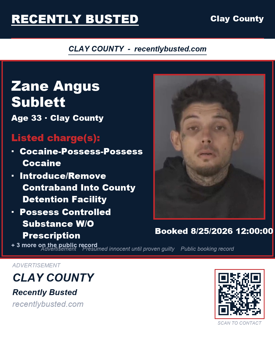 ZANE ANGUS SUBLETT — arrest record card, Clay County, Florida