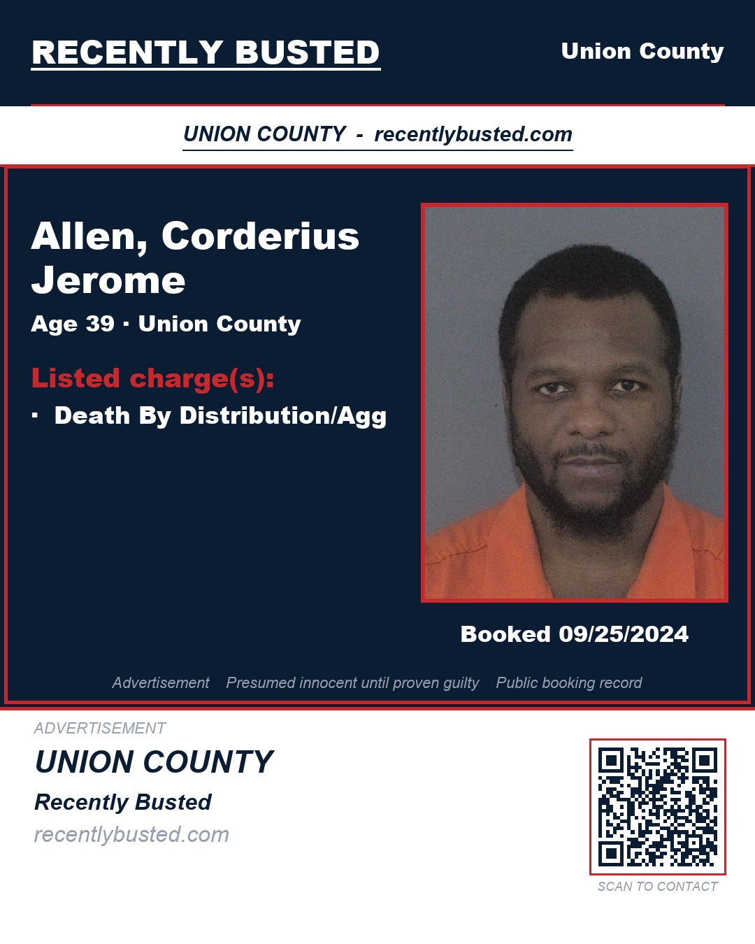 ALLEN, CORDERIUS JEROME — arrest record card, Union County, North Carolina