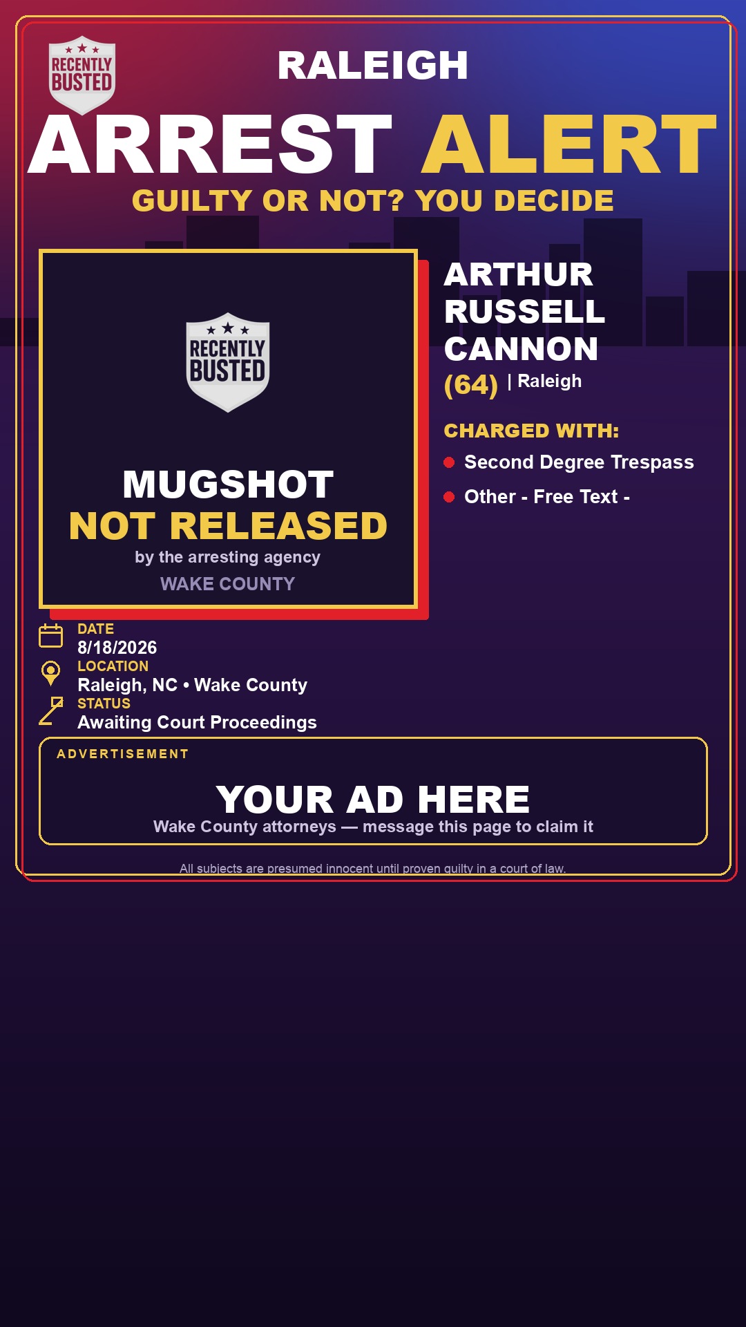 Arrest report - ARTHUR RUSSELL CANNON