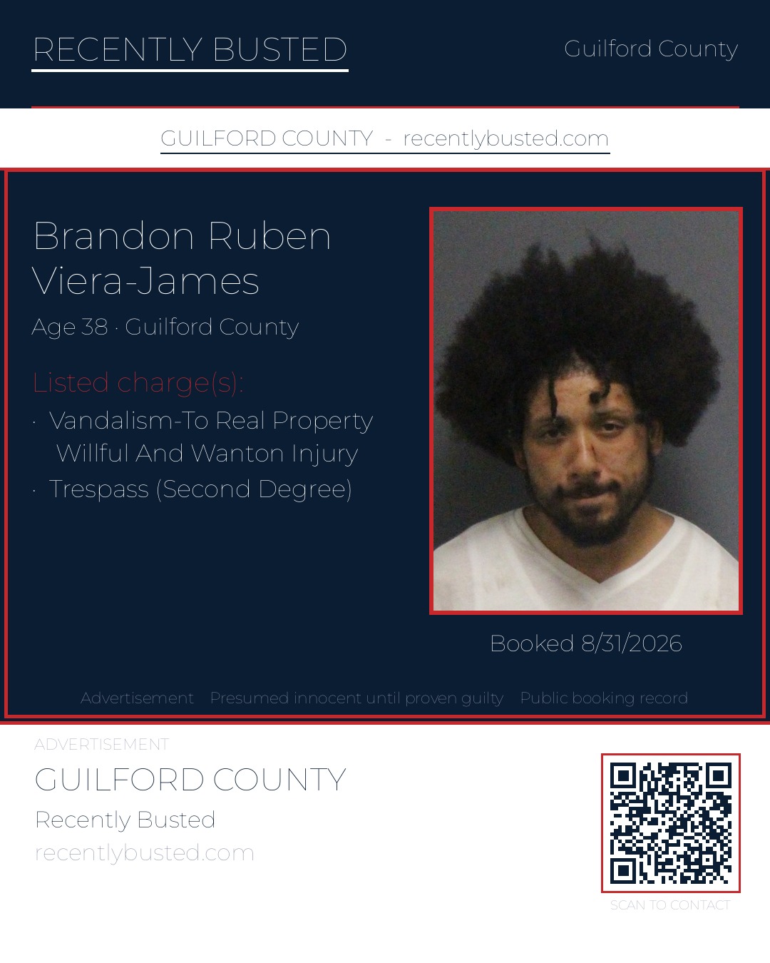 BRANDON RUBEN VIERA-JAMES — arrest record card, Guilford County, North Carolina