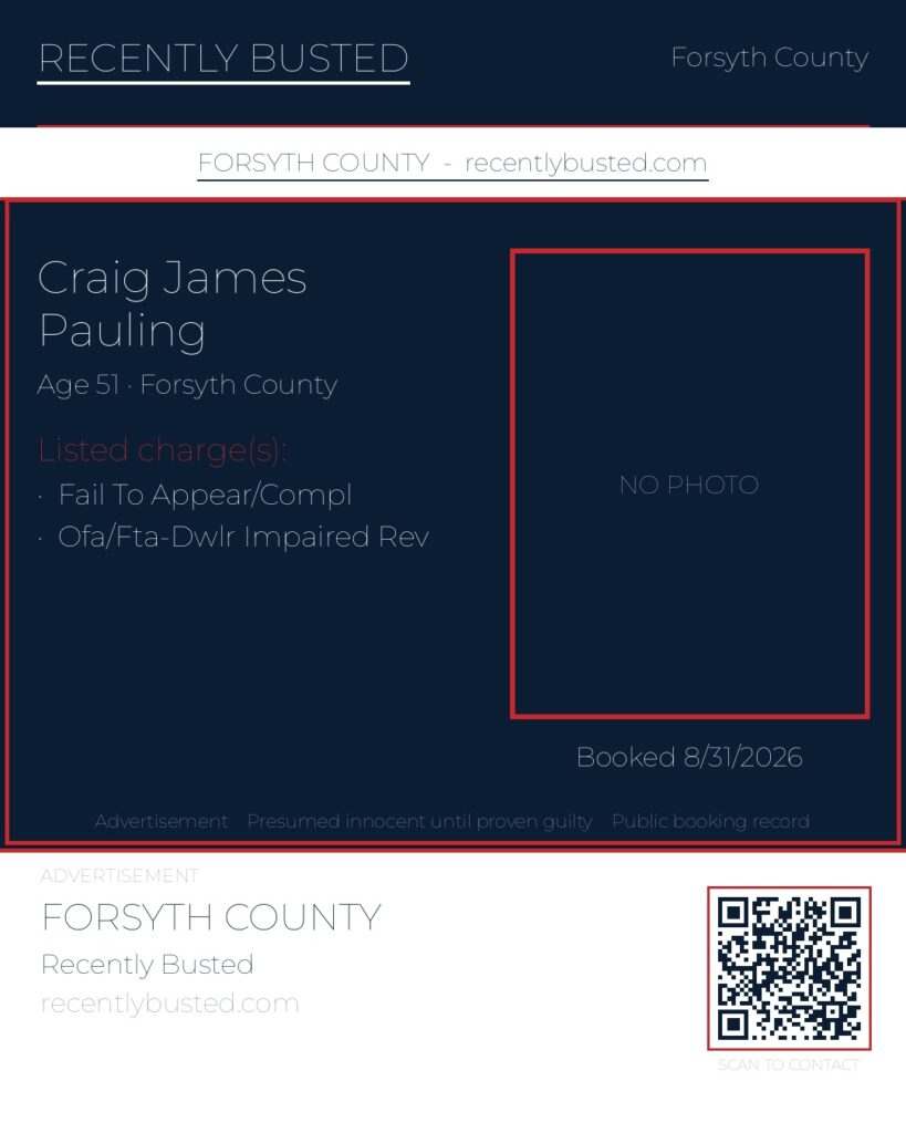 CRAIG JAMES PAULING — arrest record card, Forsyth County, North Carolina