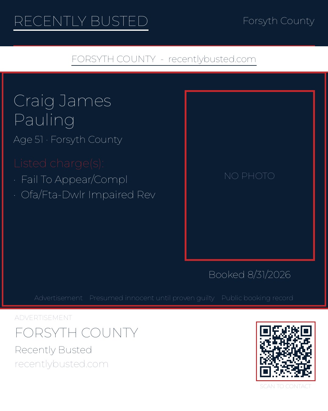 CRAIG JAMES PAULING — arrest record card, Forsyth County, North Carolina