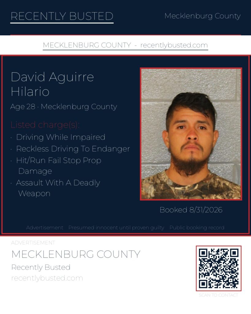 DAVID AGUIRRE HILARIO — arrest record card, Mecklenburg County, North Carolina