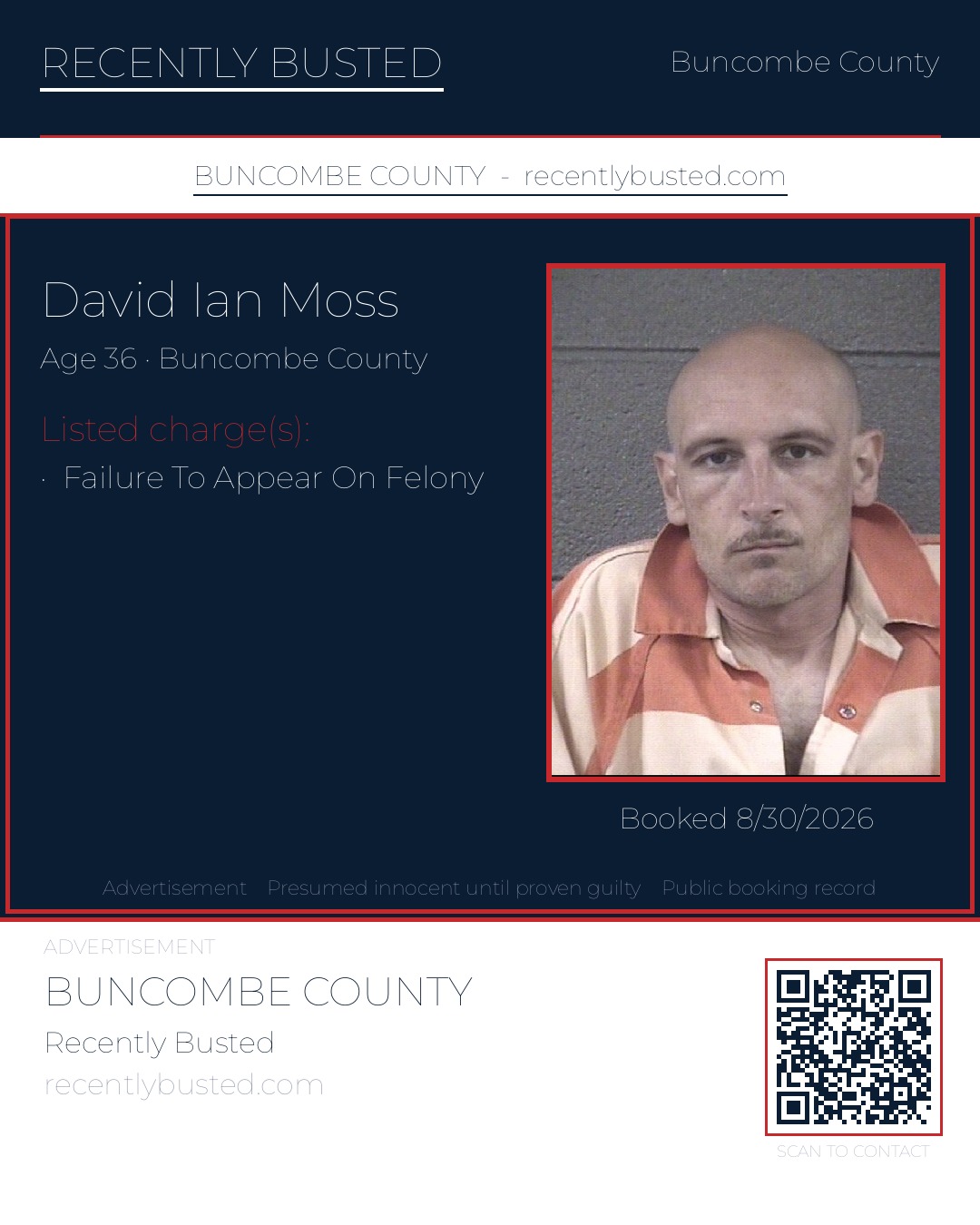 DAVID IAN MOSS — arrest record card, Buncombe County, North Carolina