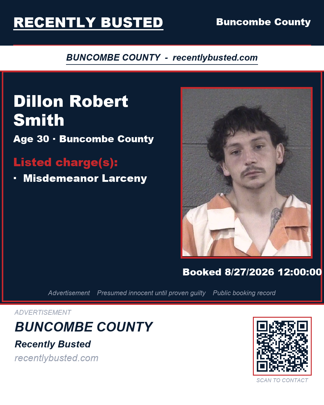 DILLON ROBERT SMITH — arrest record card, Buncombe County, North Carolina