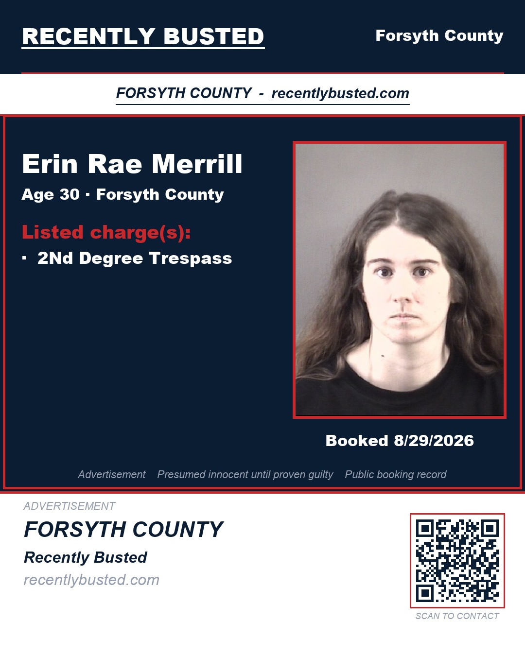 ERIN RAE MERRILL — arrest record card, Forsyth County, North Carolina