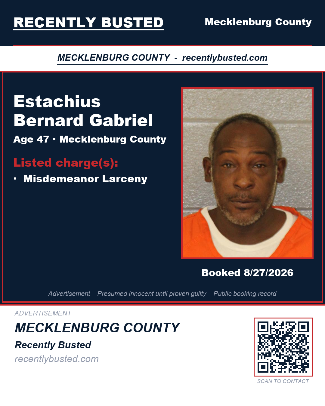 ESTACHIUS BERNARD GABRIEL — arrest record card, Mecklenburg County, North Carolina