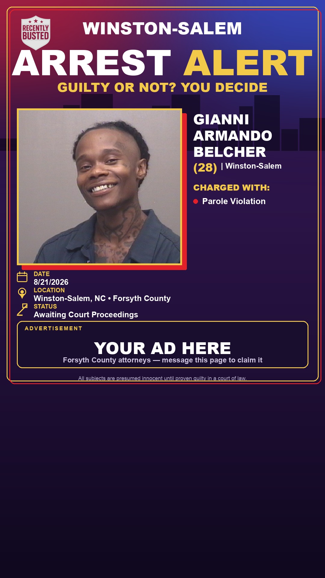 Arrest report - GIANNI ARMANDO BELCHER