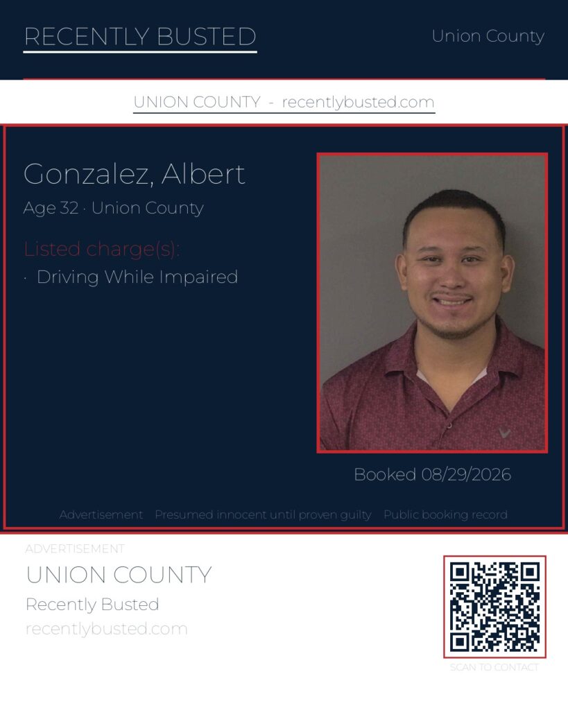GONZALEZ, ALBERT — arrest record card, Union County, North Carolina