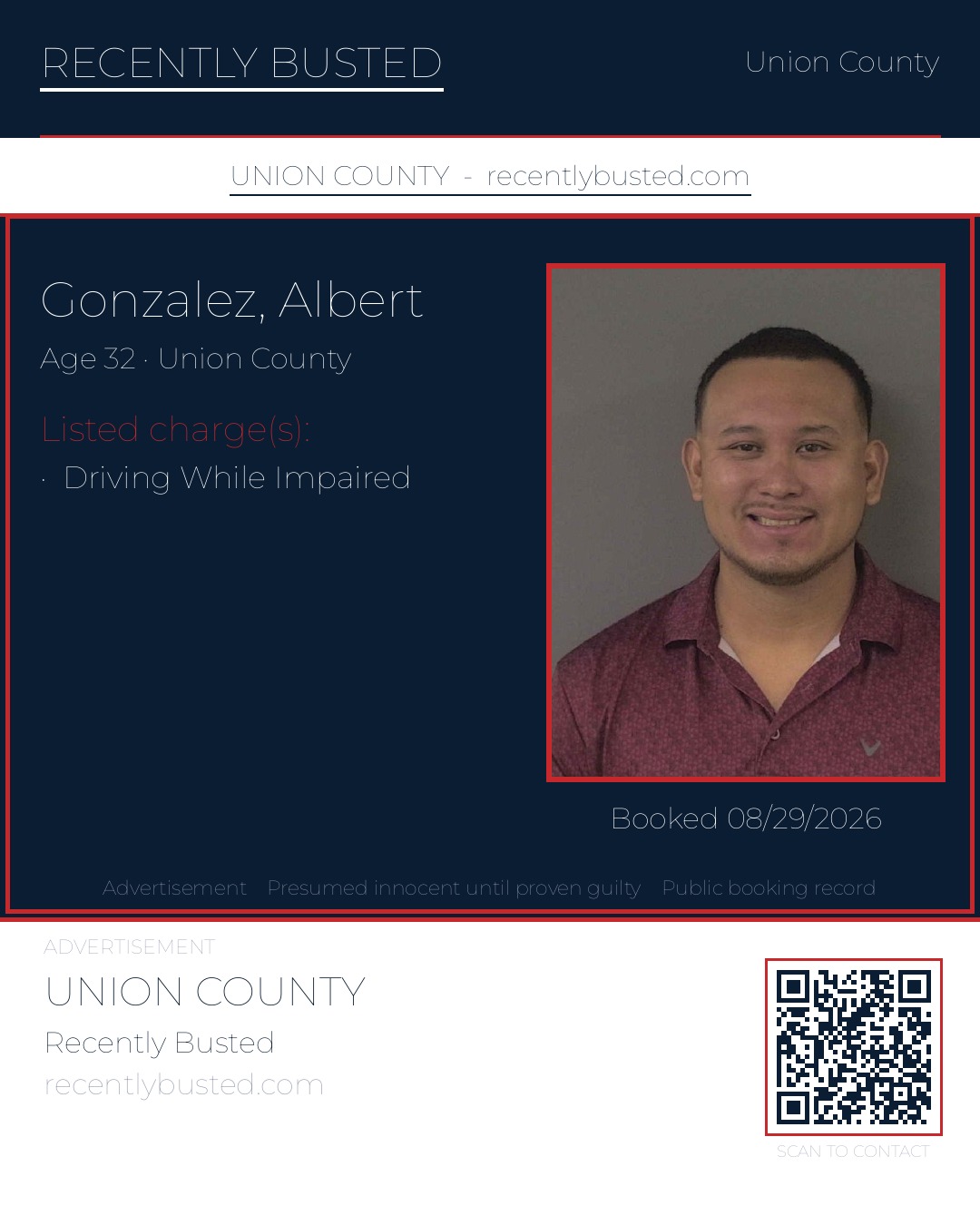 GONZALEZ, ALBERT — arrest record card, Union County, North Carolina