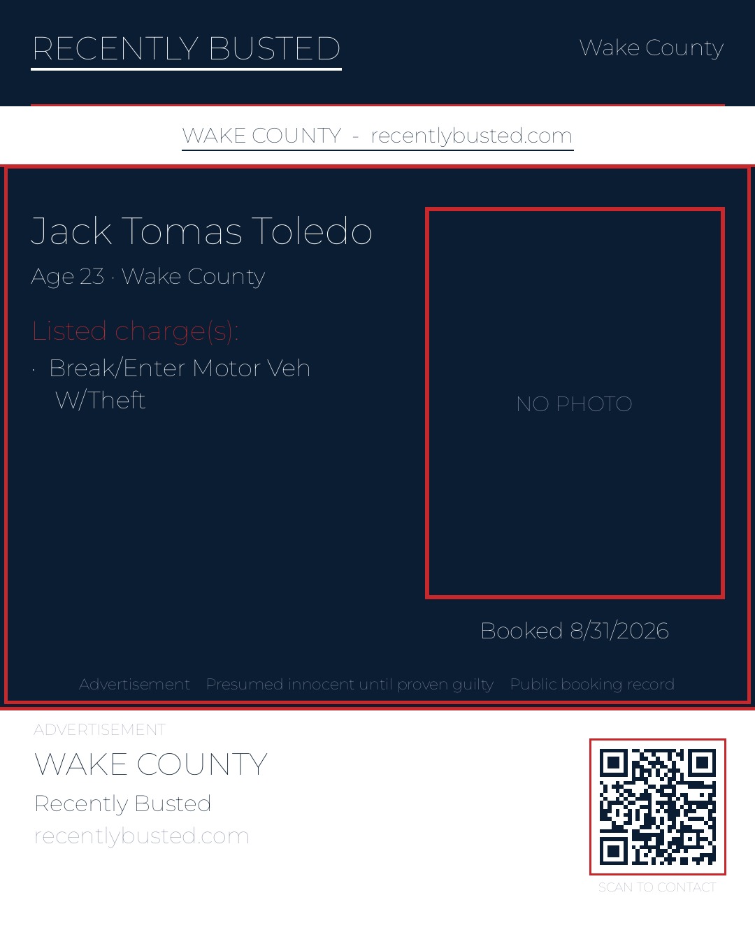 JACK TOMAS TOLEDO — arrest record card, Wake County, North Carolina