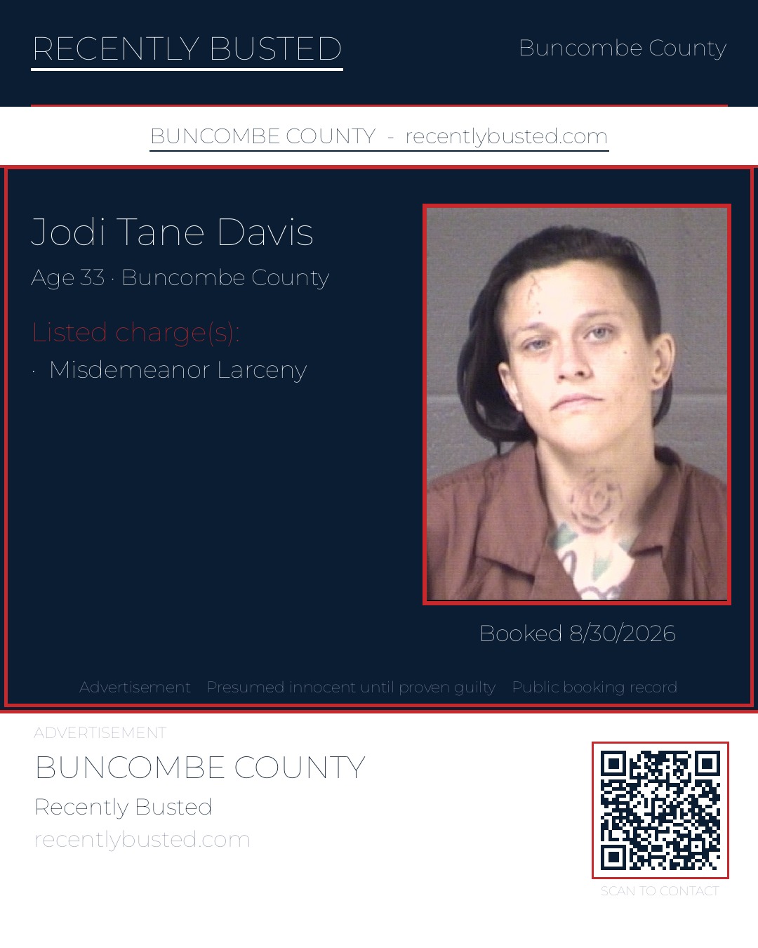 JODI TANE DAVIS — arrest record card, Buncombe County, North Carolina