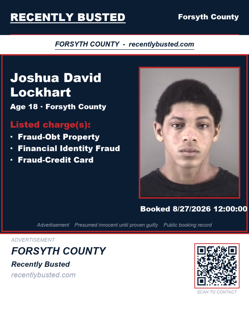 JOSHUA DAVID LOCKHART โ arrest record card, Forsyth County, North Carolina