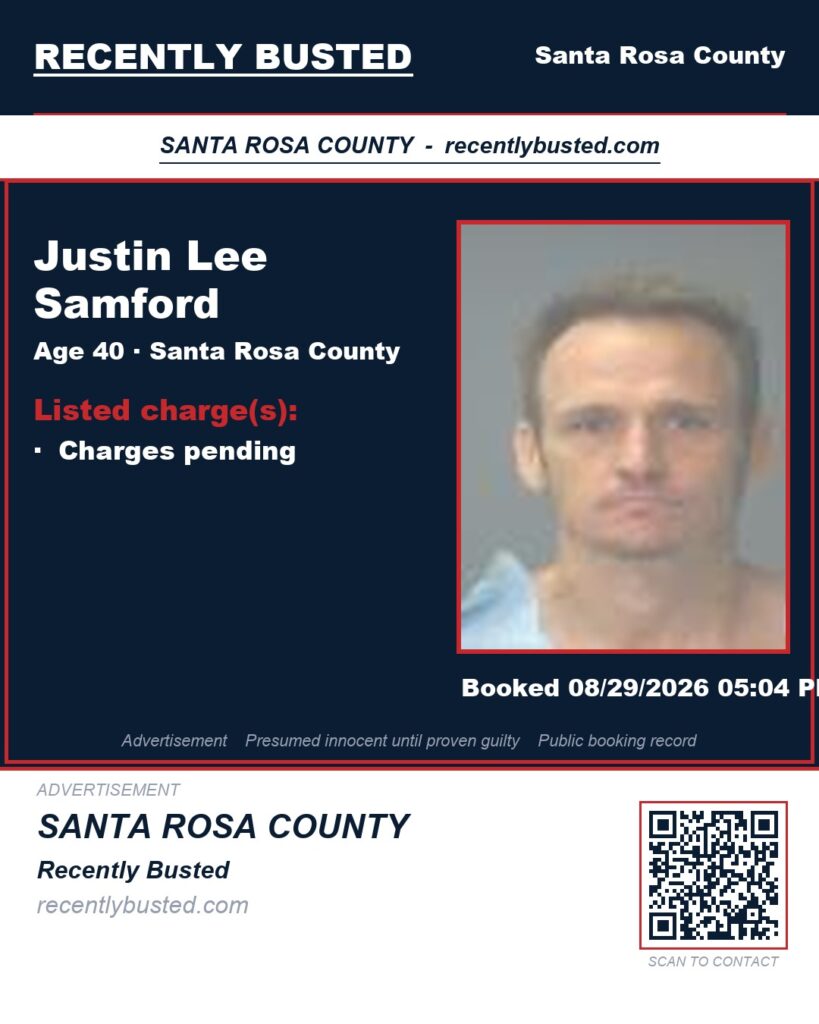 Justin Lee Samford — arrest record card, Santa Rosa County, Florida