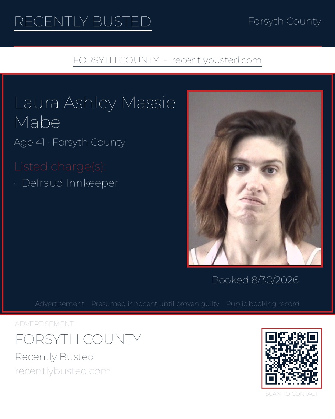LAURA ASHLEY MASSIE MABE — arrest record card, Forsyth County, North Carolina