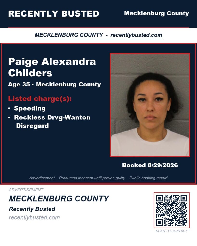 PAIGE ALEXANDRA CHILDERS — arrest record card, Mecklenburg County, North Carolina