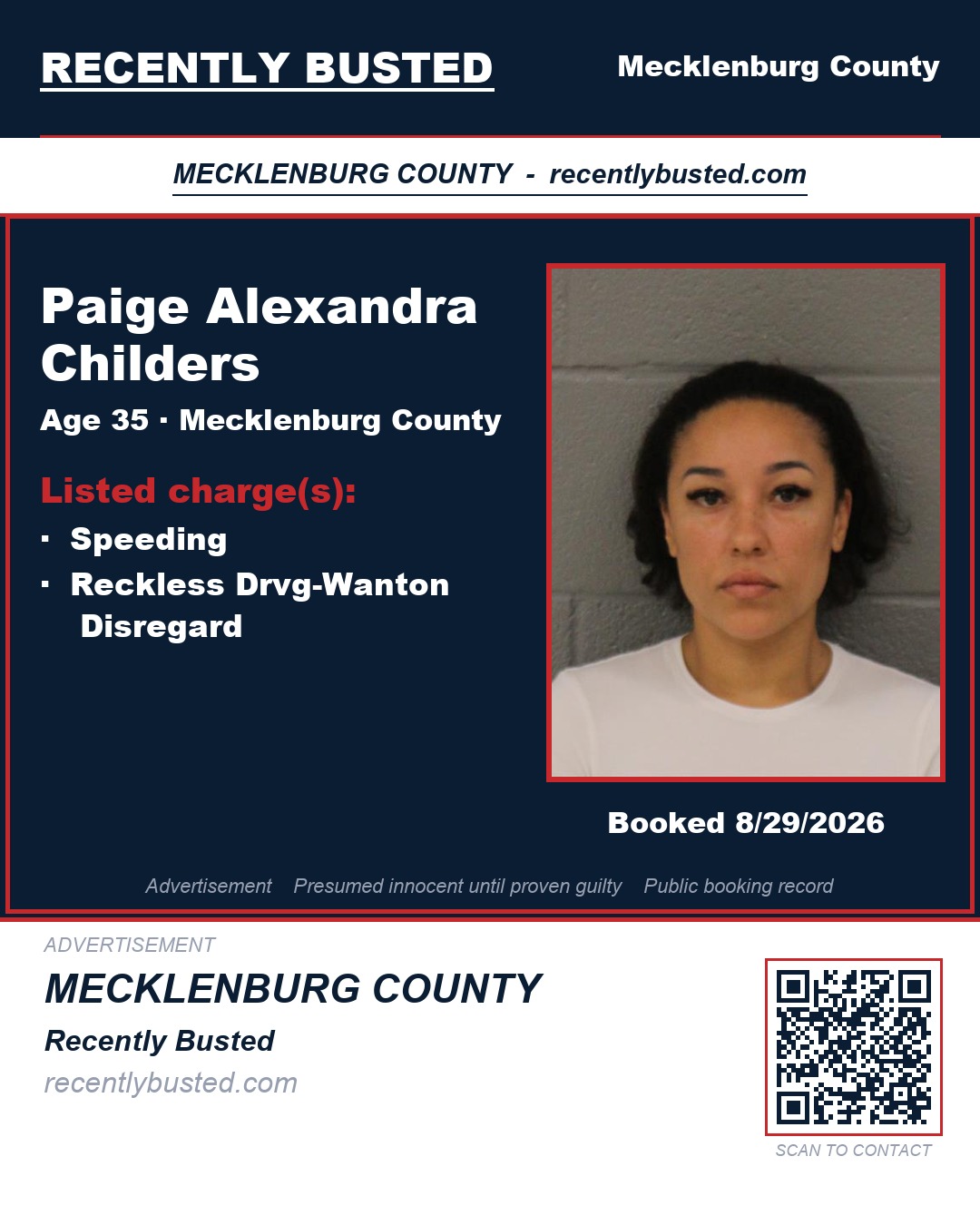 PAIGE ALEXANDRA CHILDERS — arrest record card, Mecklenburg County, North Carolina