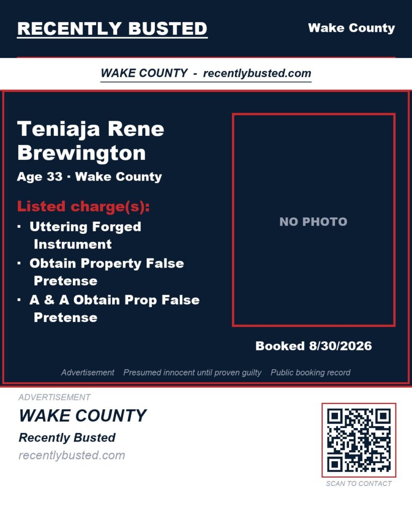 TENIAJA RENE BREWINGTON — arrest record card, Wake County, North Carolina