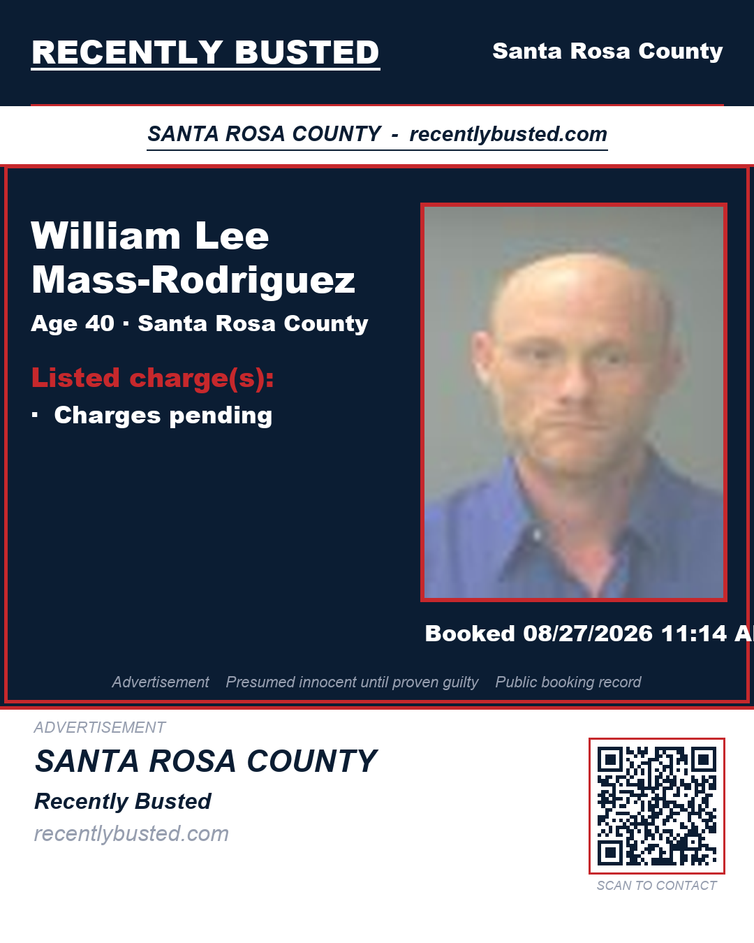 William Lee Mass-Rodriguez — arrest record card, Santa Rosa County, Florida
