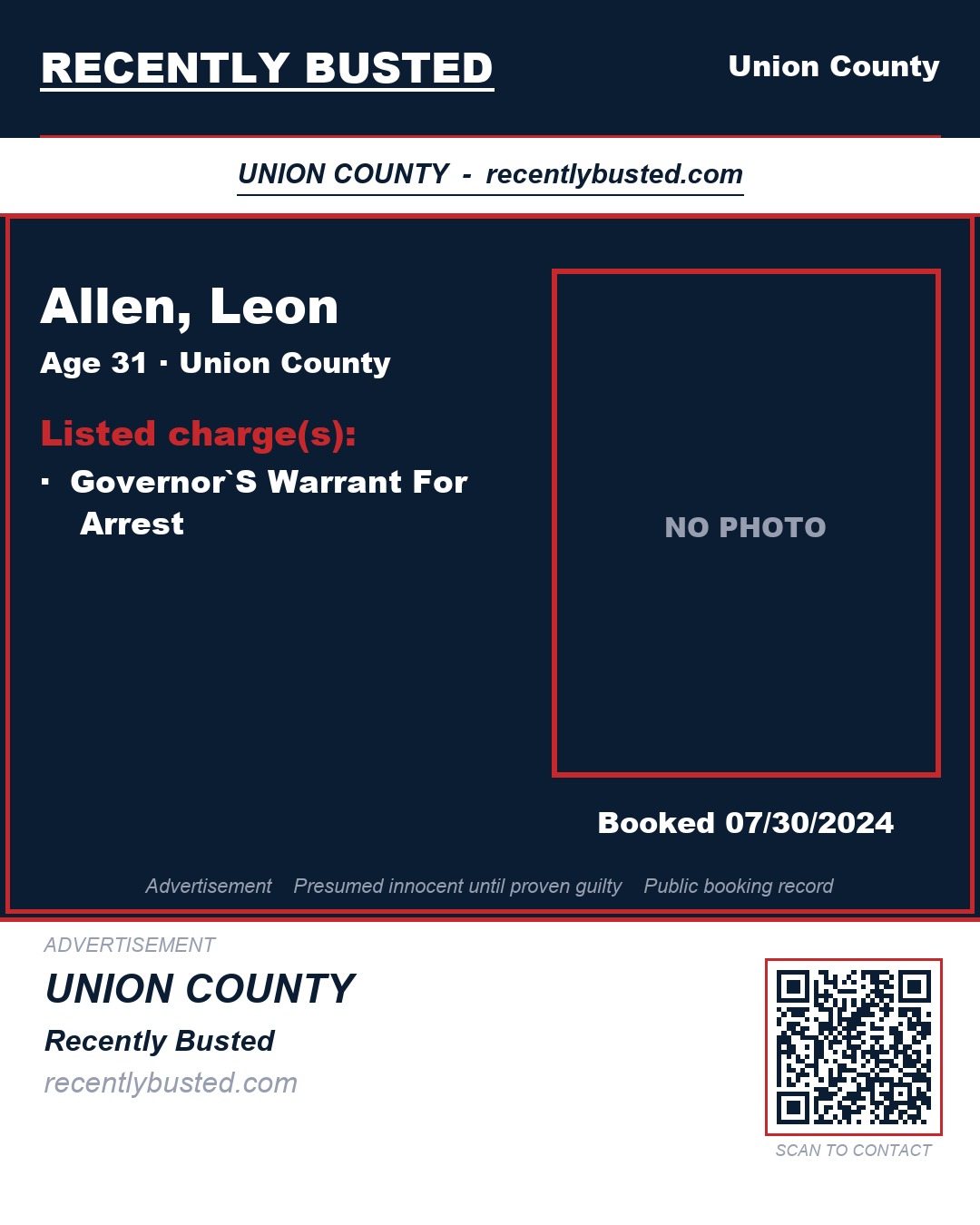 ALLEN, LEON — arrest record card, Union County, North Carolina