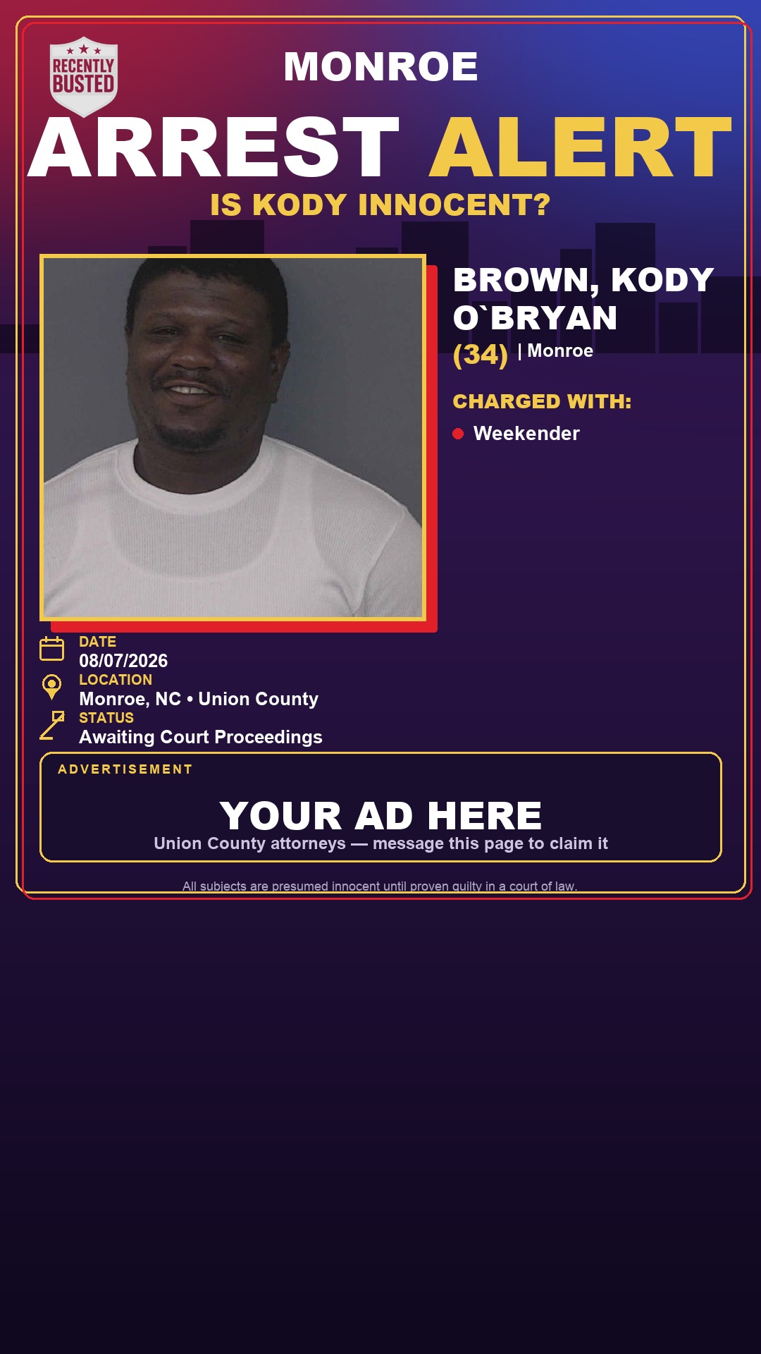 Arrest report - BROWN, KODY O`BRYAN