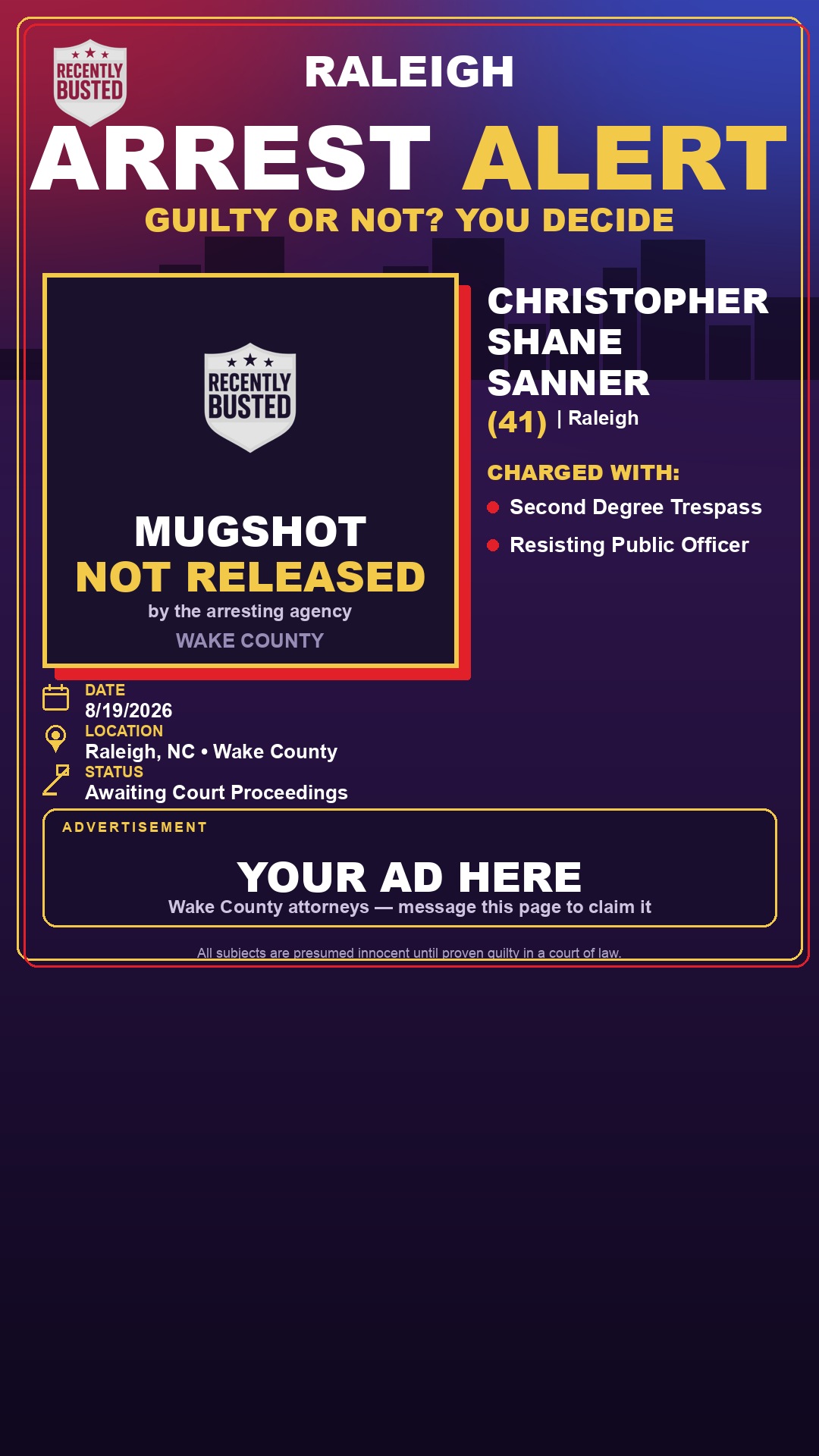 Arrest report - CHRISTOPHER SHANE SANNER