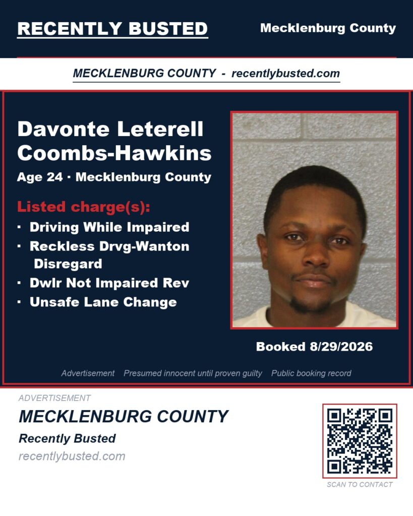DAVONTE LETERELL COOMBS-HAWKINS — arrest record card, Mecklenburg County, North Carolina