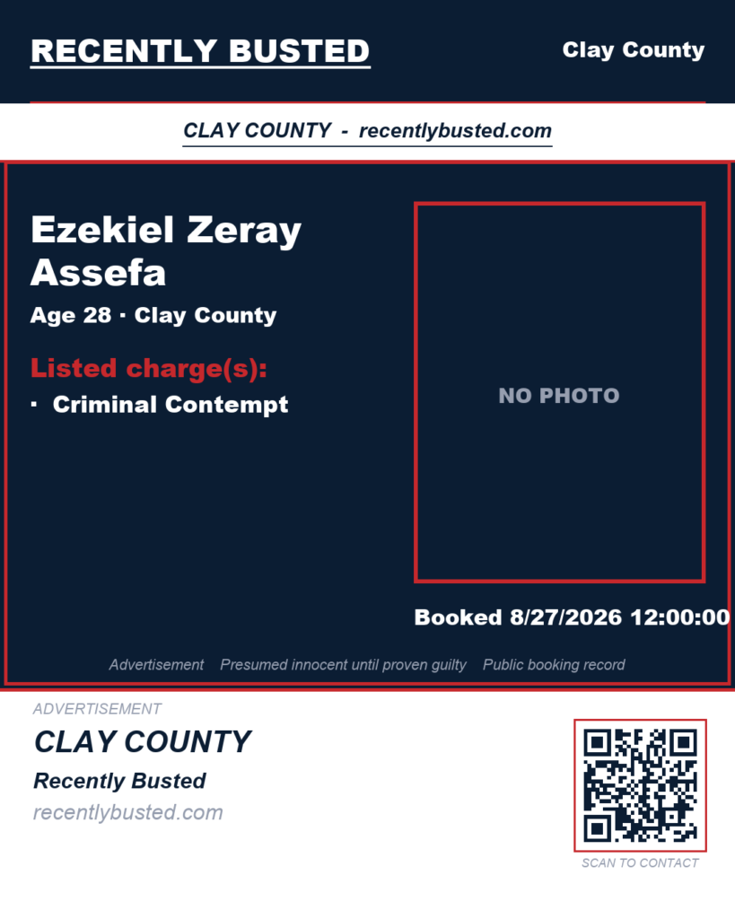 EZEKIEL ZERAY ASSEFA — arrest record card, Clay County, Florida