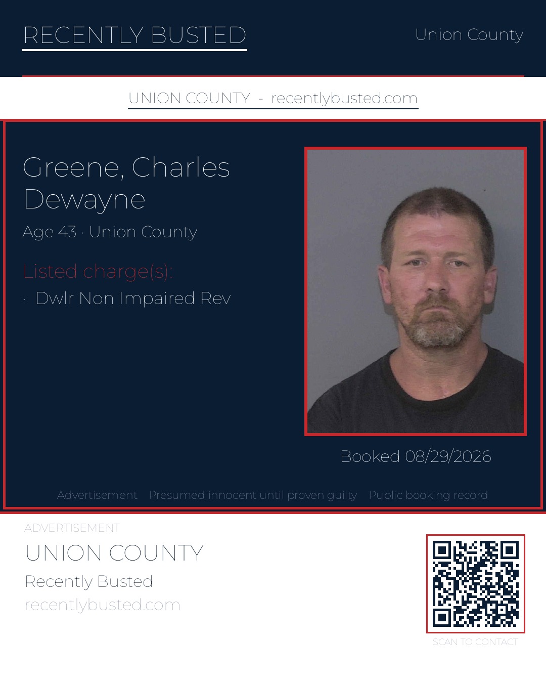 GREENE, CHARLES DEWAYNE — arrest record card, Union County, North Carolina