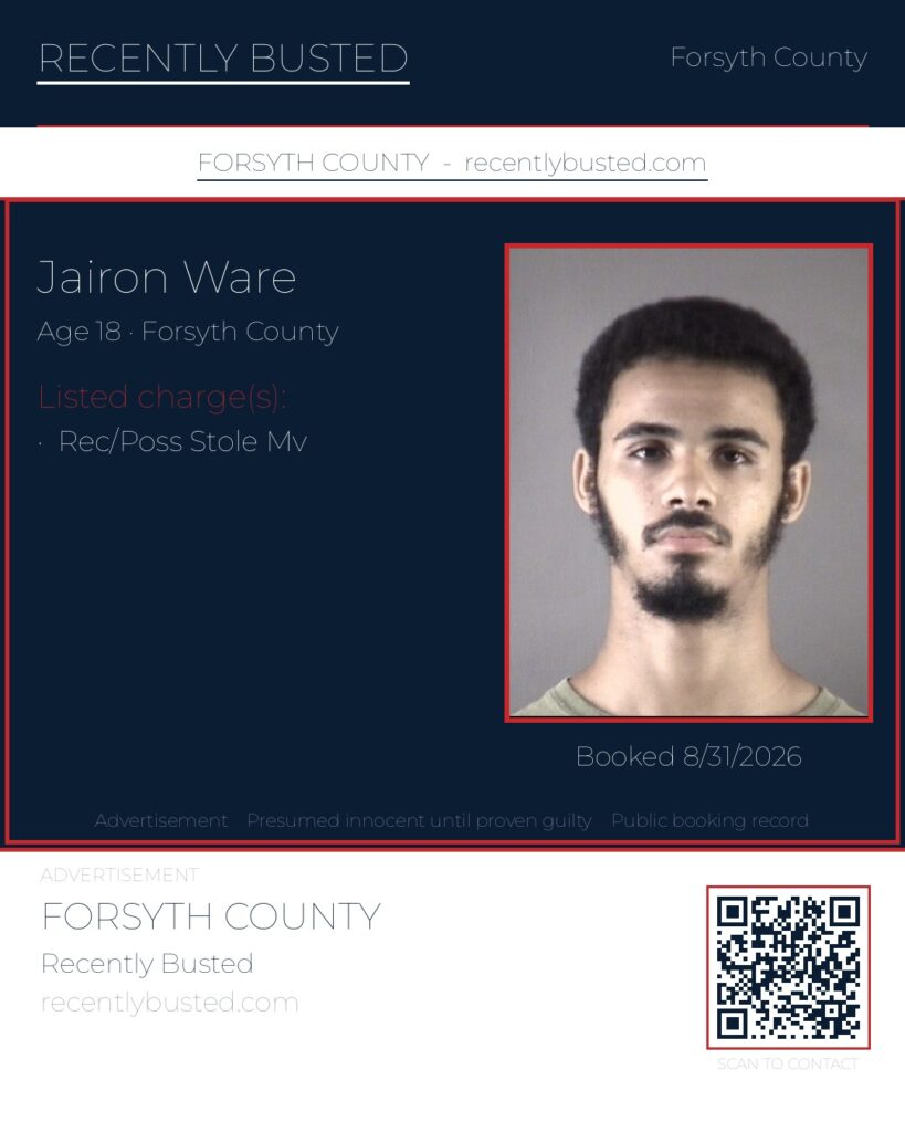 JAIRON WARE — arrest record card, Forsyth County, North Carolina