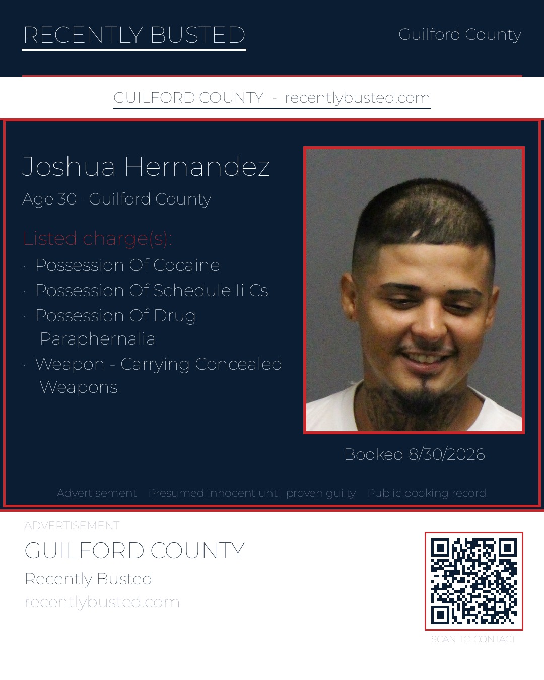 JOSHUA HERNANDEZ — arrest record card, Guilford County, North Carolina