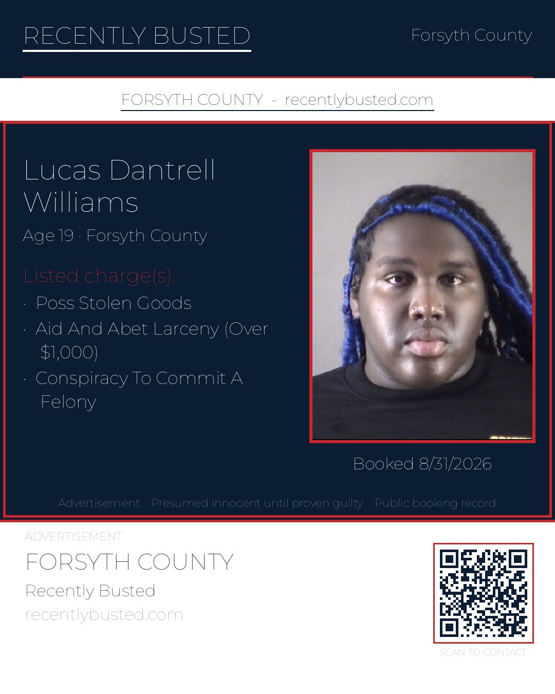 LUCAS DANTRELL WILLIAMS — arrest record card, Forsyth County, North Carolina