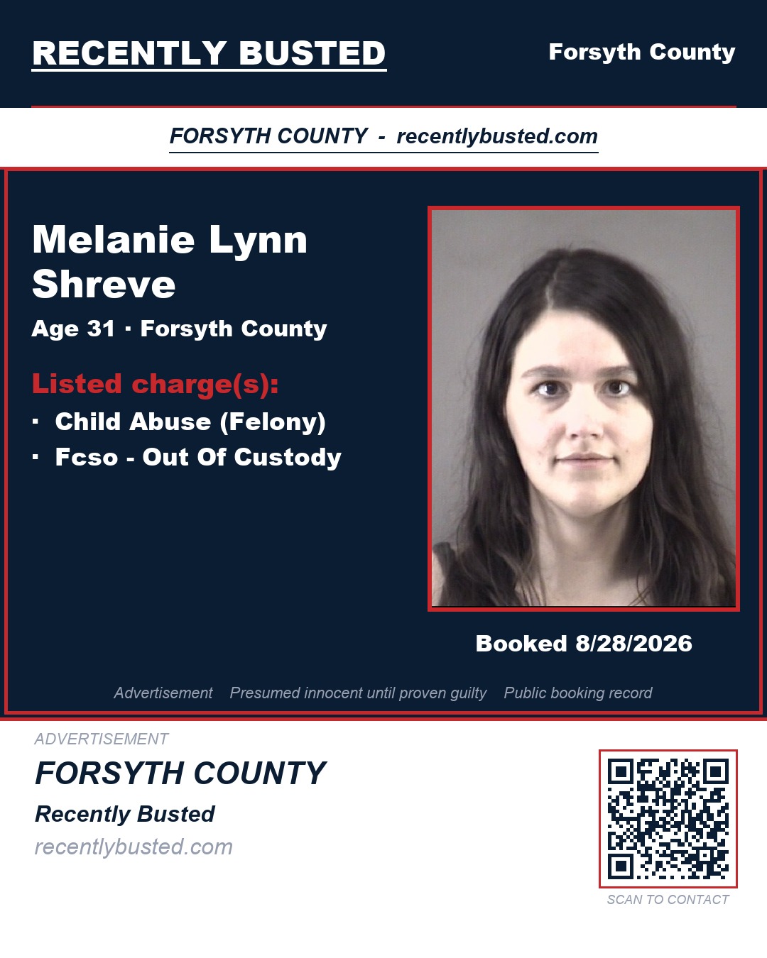 MELANIE LYNN SHREVE — arrest record card, Forsyth County, North Carolina
