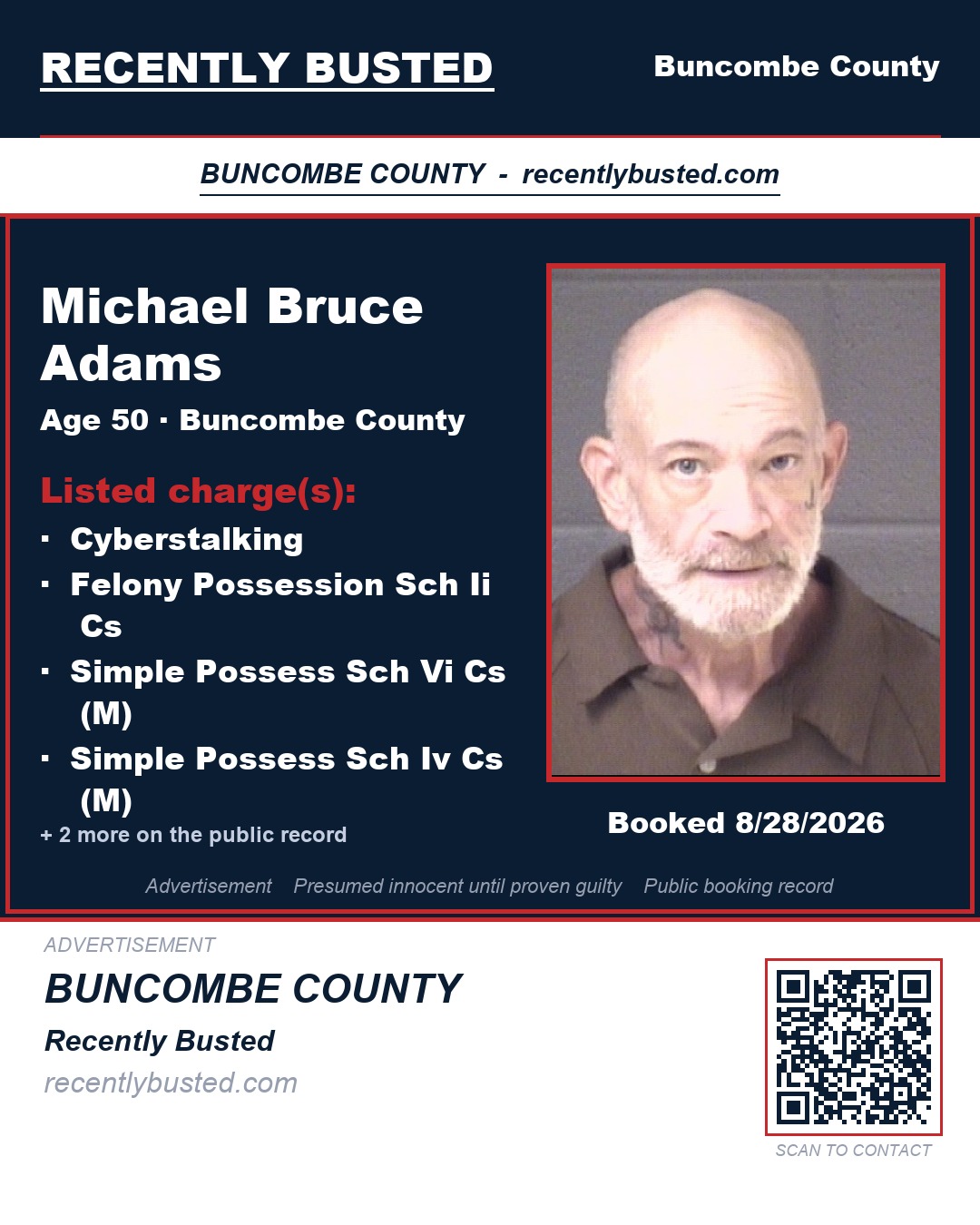 MICHAEL BRUCE ADAMS — arrest record card, Buncombe County, North Carolina